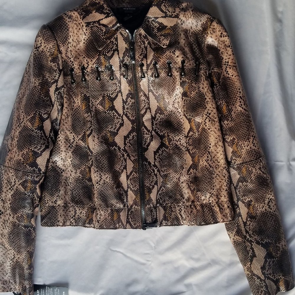 Worth Neutral Printed Python Leather Crop Jacket